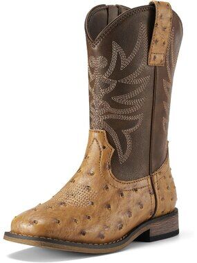 Girls Brown/Ostrich Up Square Toe Cowgirl Stylish Girls Mid Calf Toe Shoes Boots